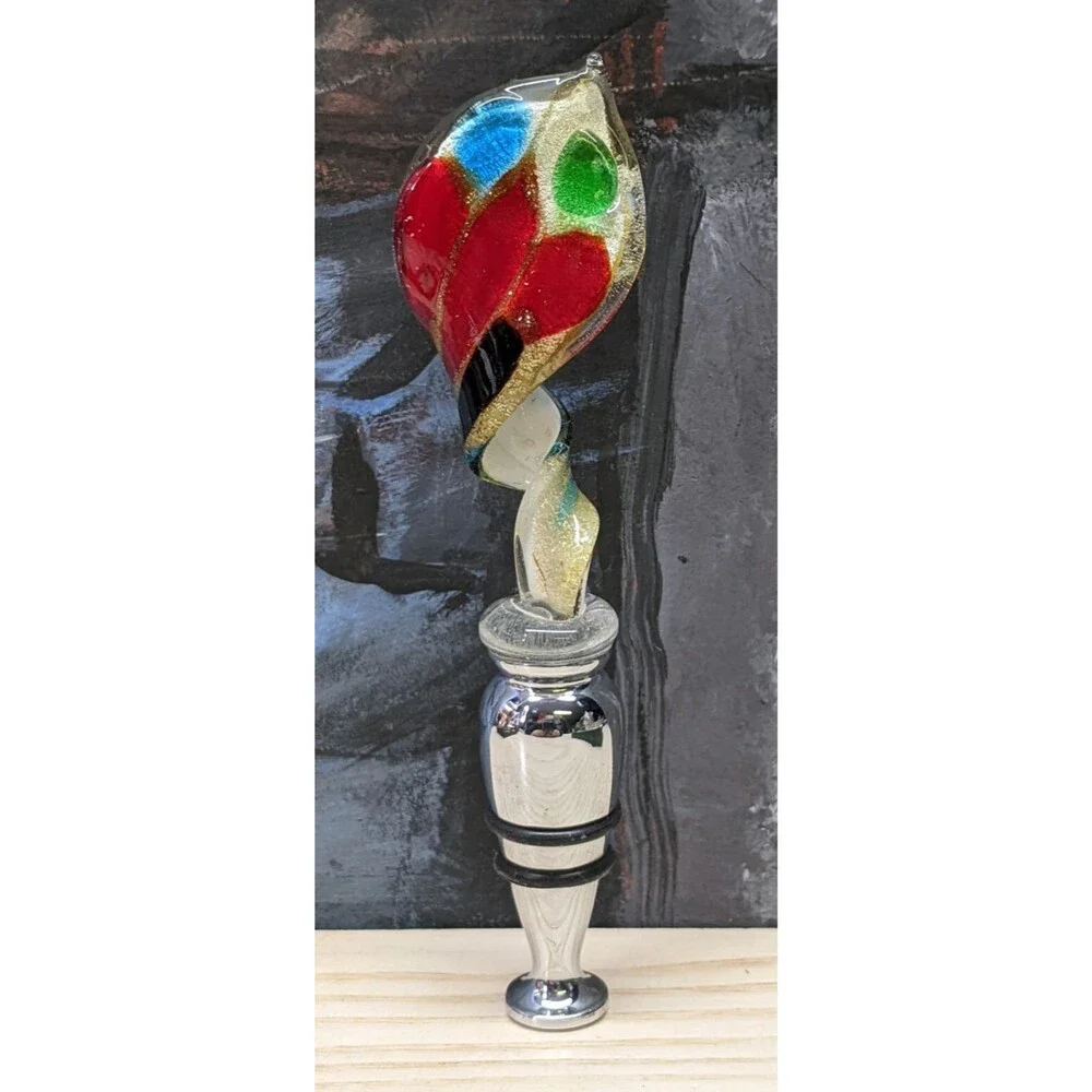 Murano Art Glass Wine Stopper Metal Barware In Box Red Aqua White Gold specks